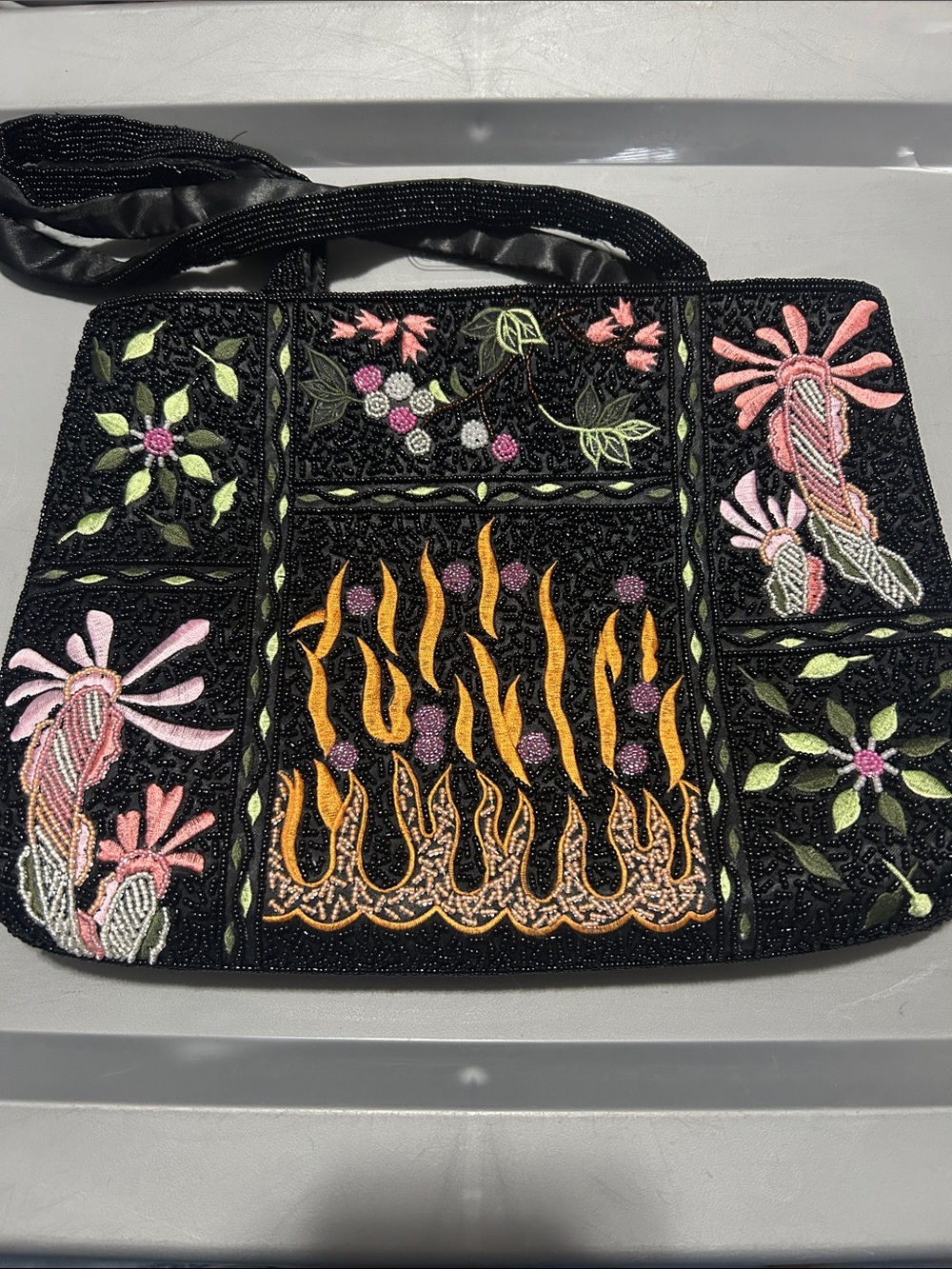 Embroidered Black Beaded Shoulder Bag with Orange Flame Motif